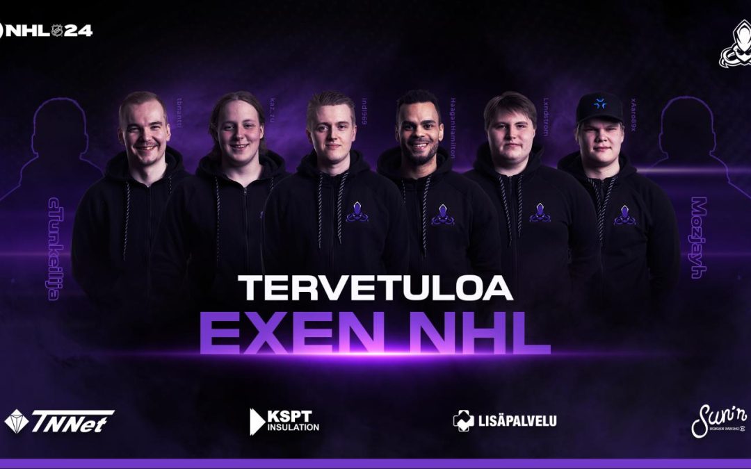 EXEN NHL-joukkue, pelaajat rivissä ja tekstinä "Tervetuloa EXEN NHL"