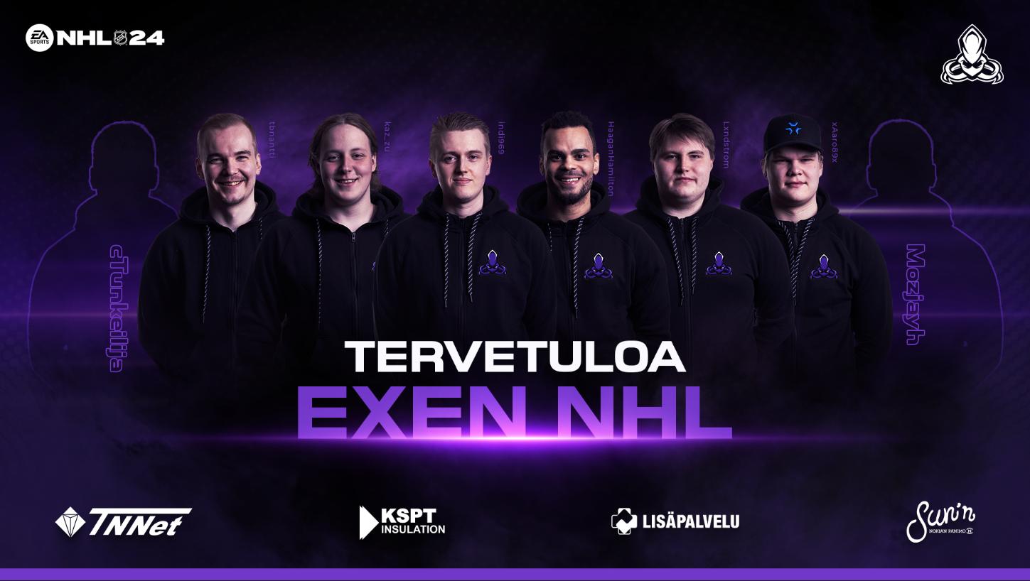 EXEN NHL-joukkue, pelaajat rivissä ja tekstinä "Tervetuloa EXEN NHL"