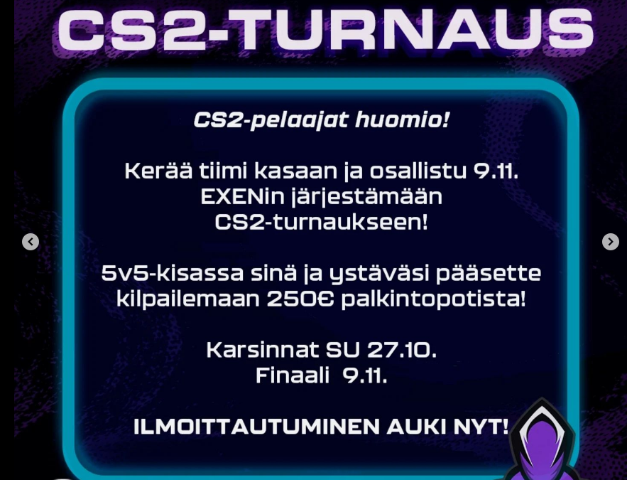 EXENin pelipäivän CS2-turnauksen infokuva, jossa aikataulu ja ilmoittautumisen infot