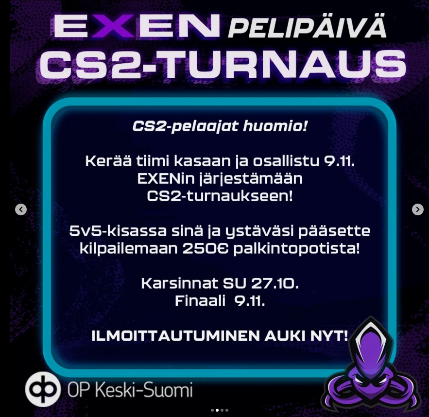 EXENin pelipäivän CS2-turnauksen infokuva, jossa aikataulu ja ilmoittautumisen infot