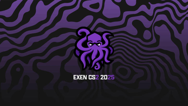 EXEN CS2 2025 joukkueen julkistuskuva, jossa EXENin violetti mustekalalogo violettimustalla aaltoilevalla pohjalla