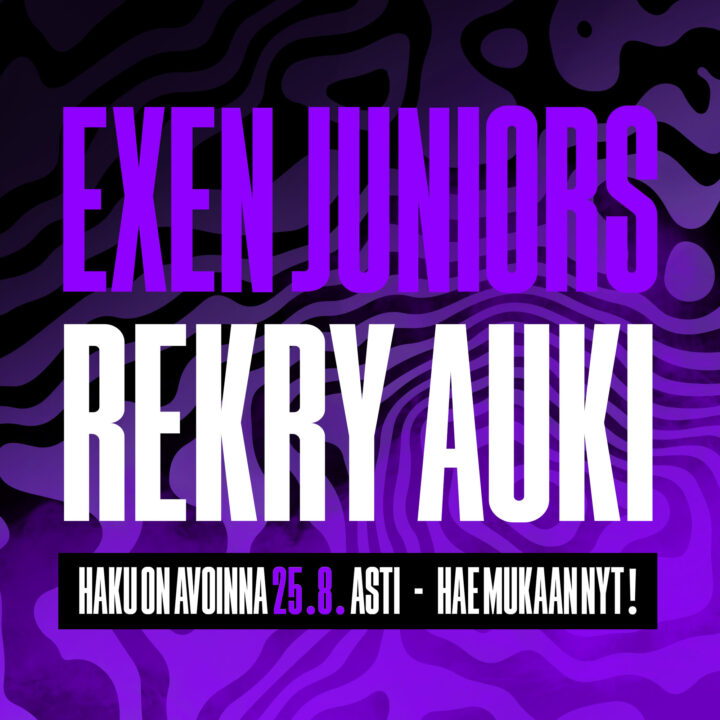 Kuvassa kirjoitettuna EXEN Juniors - rekry auki, haku avoinna 25.8. asti - hae mukaan nyt!